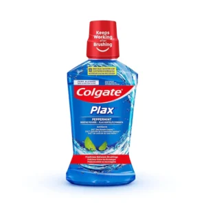 Bottle of Colgate Plax Peppermint Blue mouthwash providing 24/7 bad breath protection and long lasting freshness.
