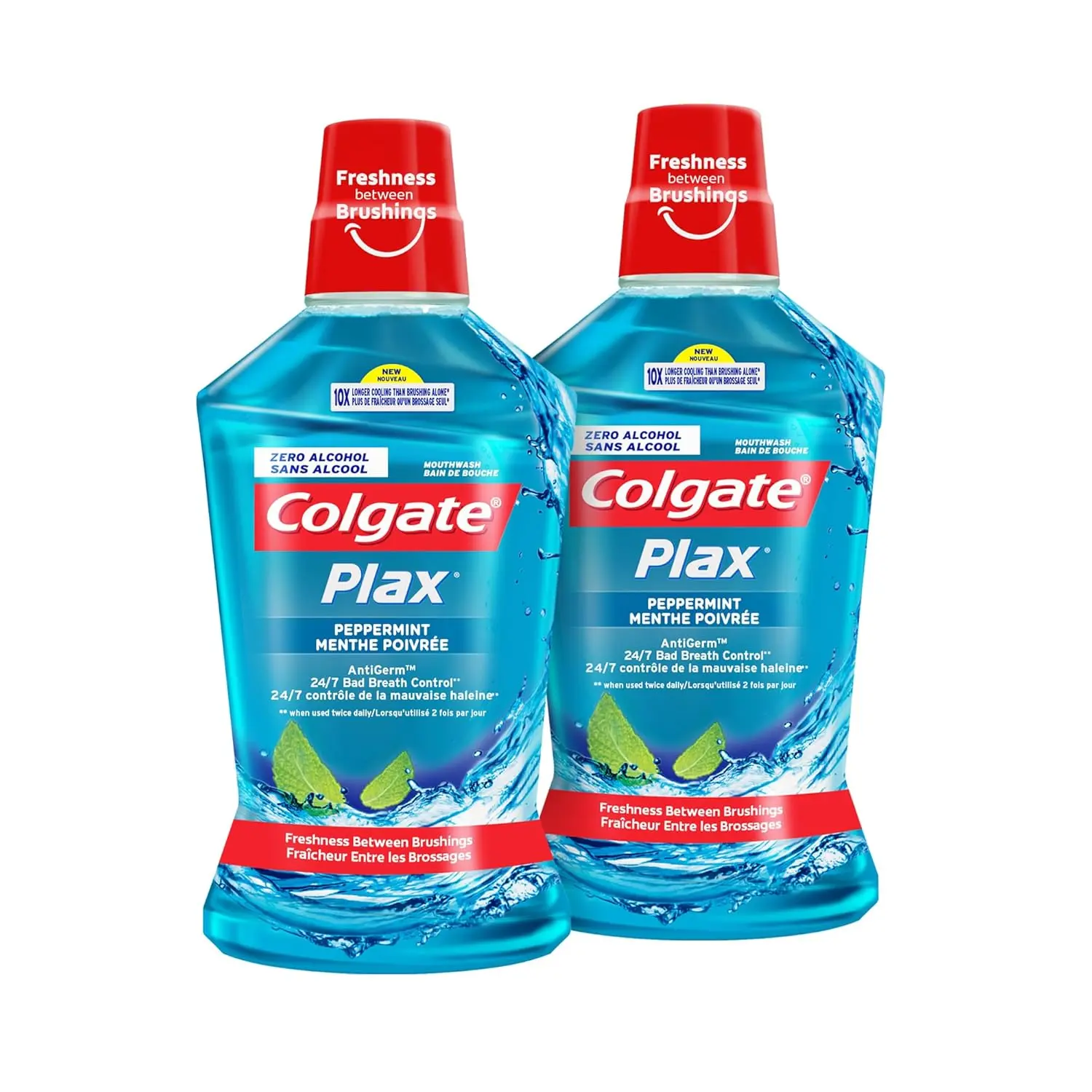 Two bottles of blue Colgate Plax Peppermint mouthwash offer alcohol-free 24/7 bad breath protection and long-lasting peppermint freshness.