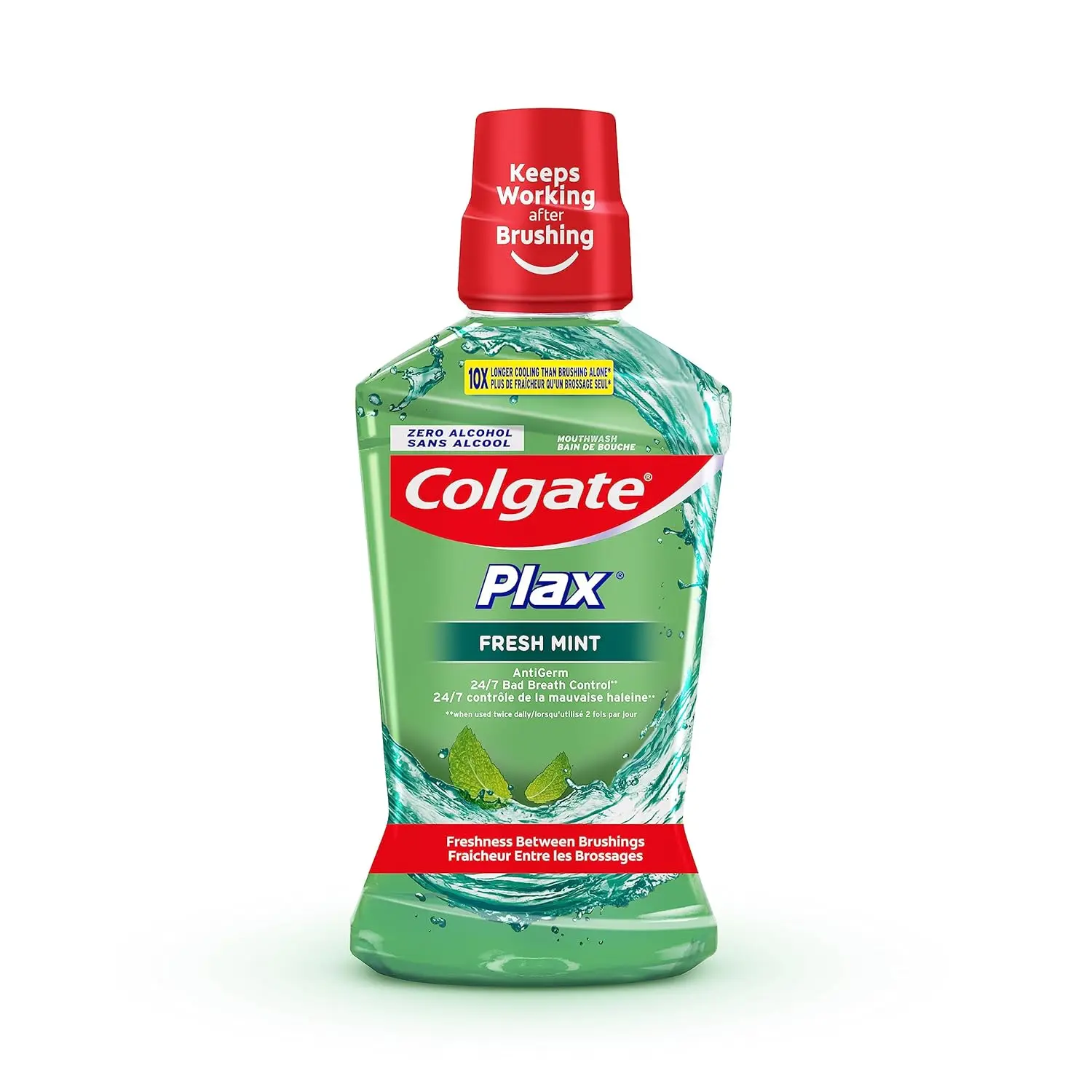 Two bottles of blue Colgate Plax Peppermint mouthwash offer alcohol-free 24/7 bad breath protection and long-lasting peppermint freshness.
