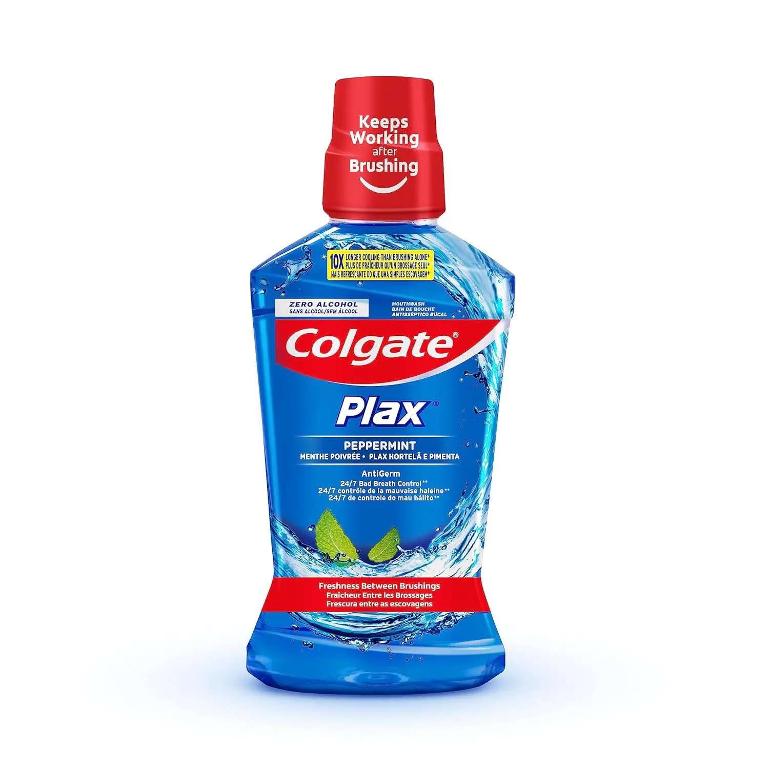 Two bottles of blue Colgate Plax Peppermint mouthwash offer alcohol-free 24/7 bad breath protection and long-lasting peppermint freshness.