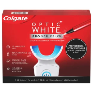 This Colgate Optic White Pro Series whitening kit includes a teeth whitening pen and a rechargeable LED tray for professional-level teeth whitening while you sleep.