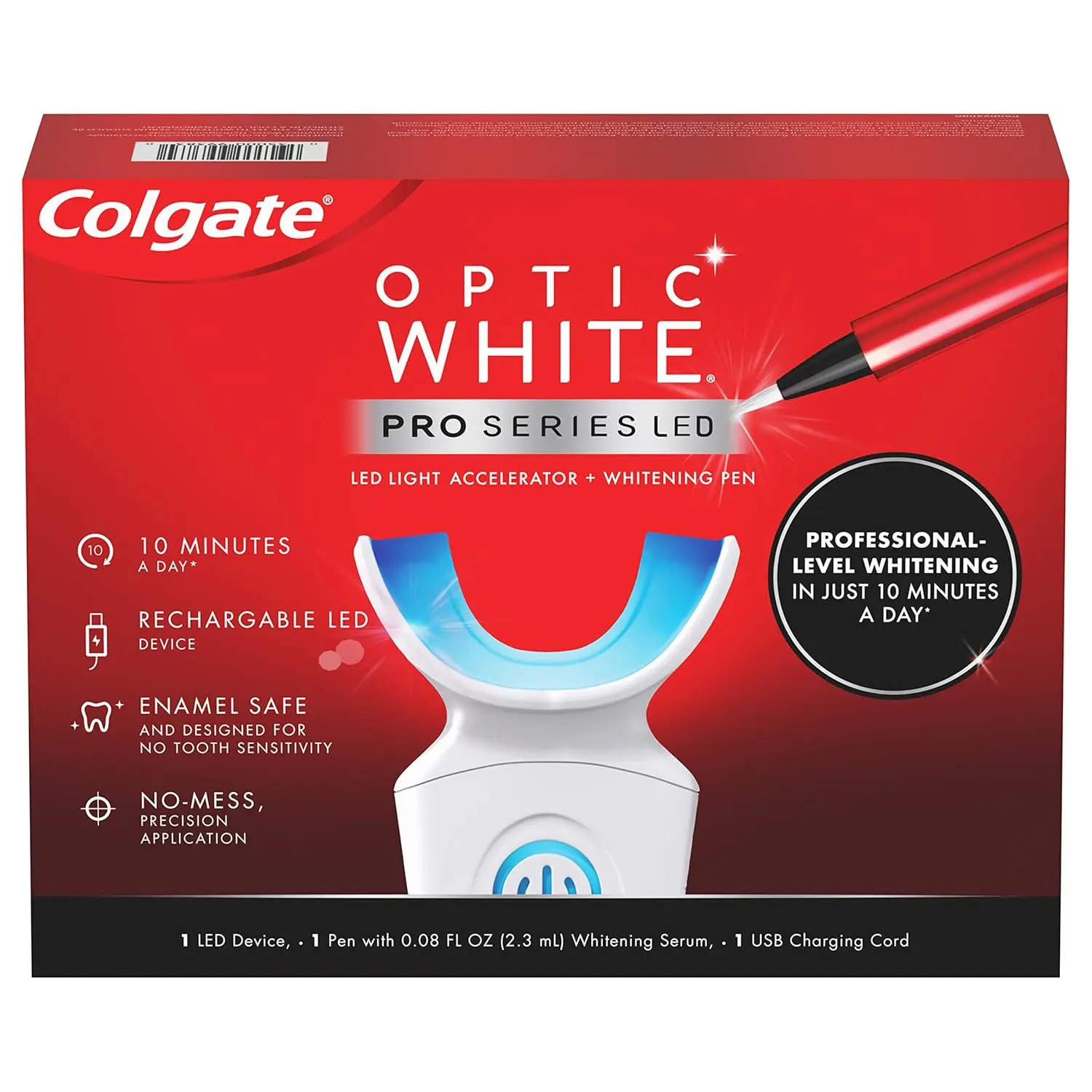 This Colgate Optic White Pro Series whitening kit includes a teeth whitening pen and a rechargeable LED tray for professional-level teeth whitening while you sleep.