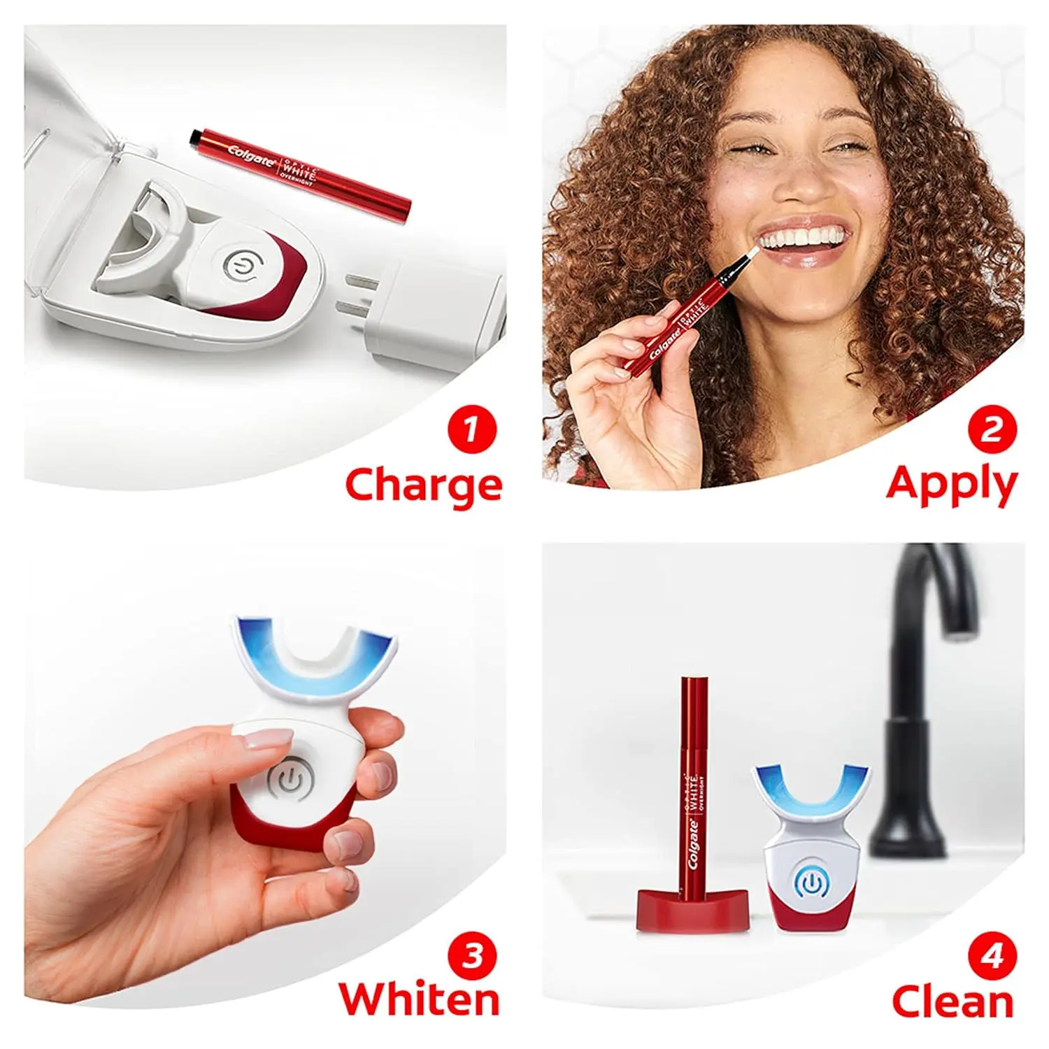 This Colgate Optic White Pro Series whitening kit includes a teeth whitening pen and a rechargeable LED tray for professional-level teeth whitening while you sleep.