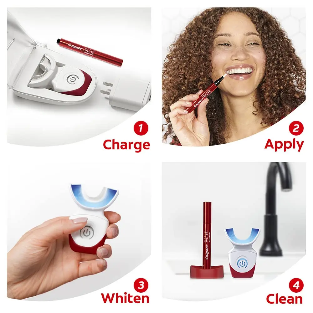 This Colgate Optic White Pro Series whitening kit includes a teeth whitening pen and a rechargeable LED tray for professional-level teeth whitening while you sleep.