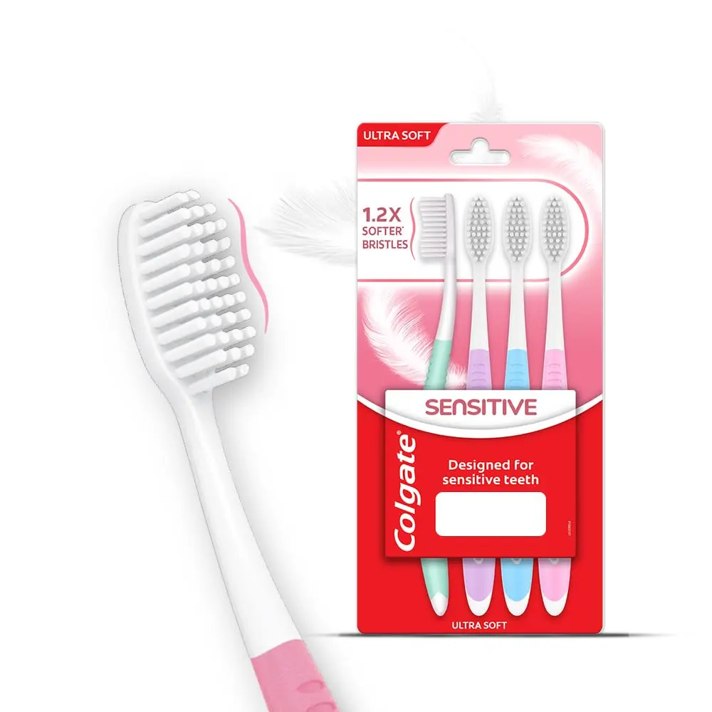 This image shows a pack of four Colgate Sensitive toothbrushes with ultra-soft bristles, designed for gentle and effective cleaning of sensitive teeth and gums.