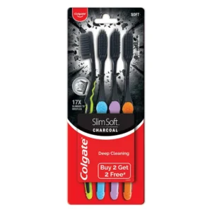This is a Colgate Slim Soft Charcoal Toothbrush with ultra-slim, soft bristles for gentle and deep cleaning between teeth and along the gum line, fighting plaque and bacteria.