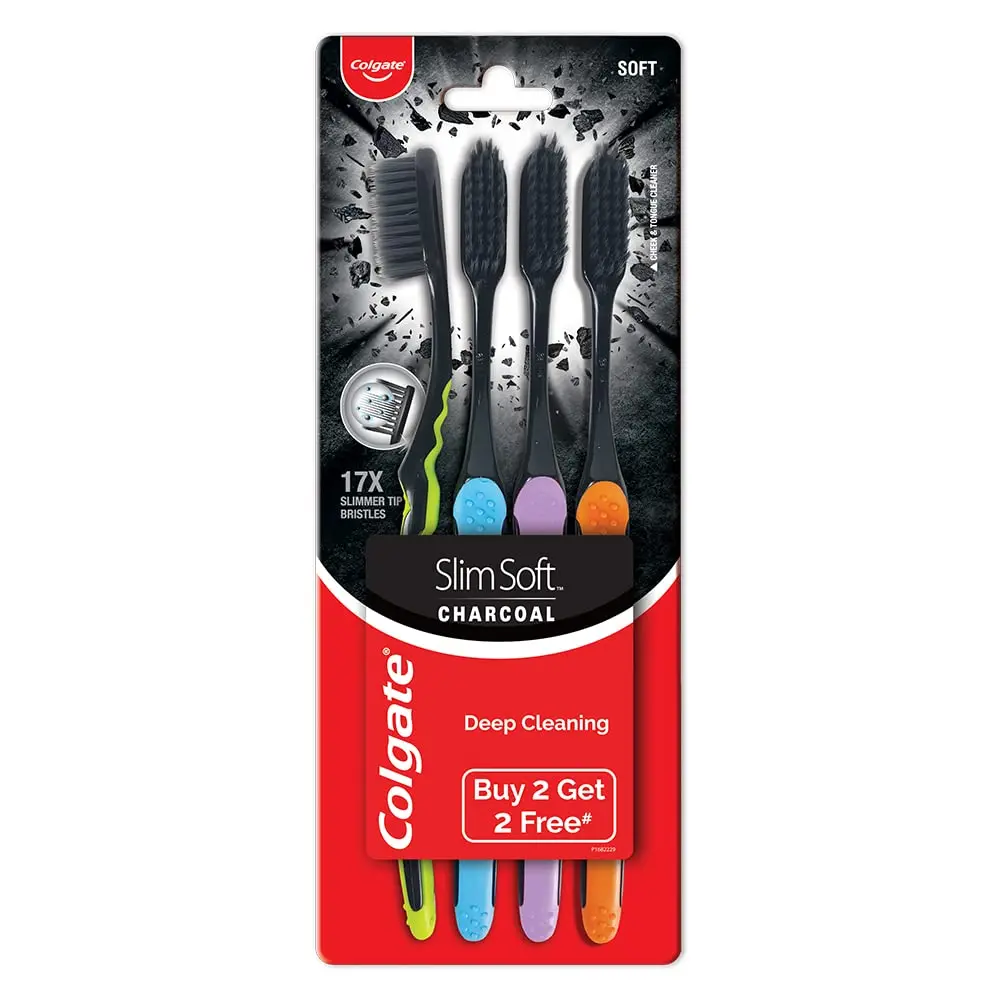 This is a Colgate Slim Soft Charcoal Toothbrush with ultra-slim, soft bristles for gentle and deep cleaning between teeth and along the gum line, fighting plaque and bacteria.