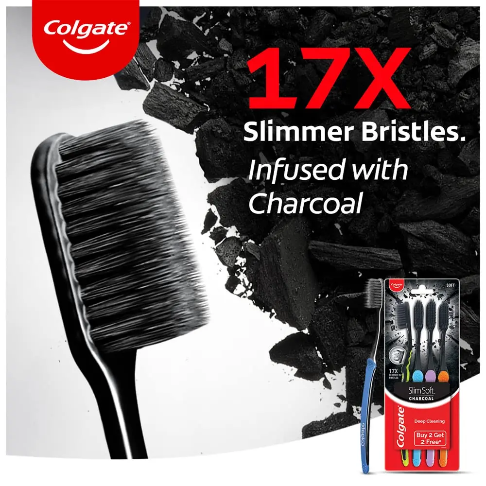 This is a Colgate Slim Soft Charcoal Toothbrush with ultra-slim, soft bristles for gentle and deep cleaning between teeth and along the gum line, fighting plaque and bacteria.