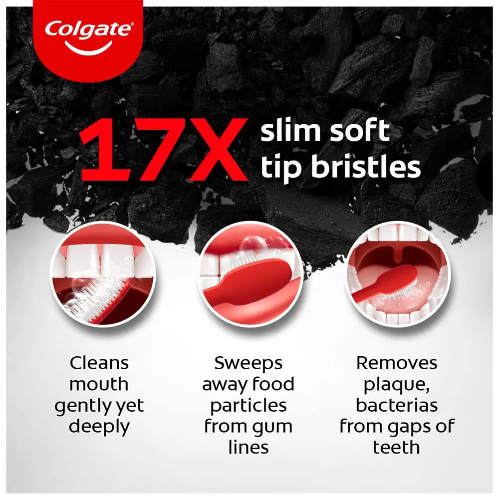 This is a Colgate Slim Soft Charcoal Toothbrush with ultra-slim, soft bristles for gentle and deep cleaning between teeth and along the gum line, fighting plaque and bacteria.