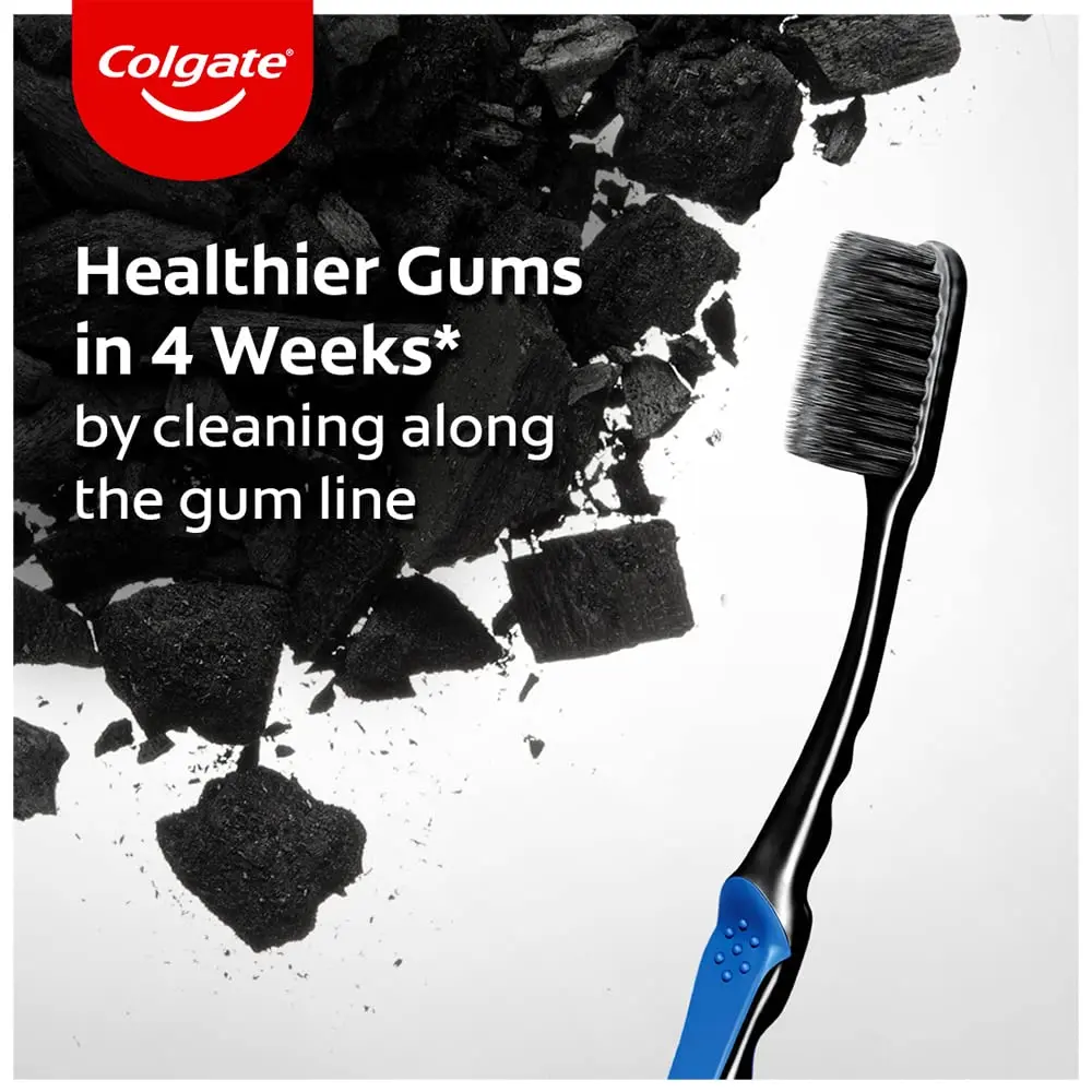 This is a Colgate Slim Soft Charcoal Toothbrush with ultra-slim, soft bristles for gentle and deep cleaning between teeth and along the gum line, fighting plaque and bacteria.