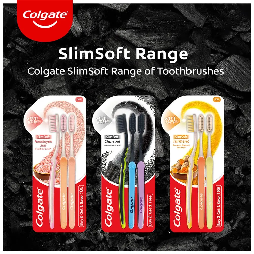 This is a Colgate Slim Soft Charcoal Toothbrush with ultra-slim, soft bristles for gentle and deep cleaning between teeth and along the gum line, fighting plaque and bacteria.