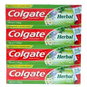 Four pack of Colgate natural herbal toothpaste with fluoride, promoting healthy gums, strong teeth and a sparkling shine.