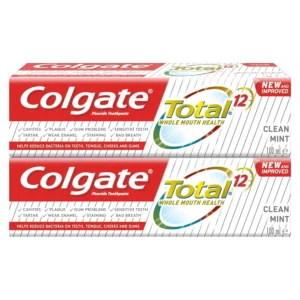 Two tubes of Colgate Total Clean Mint toothpaste offer 12-hour whole mouth protection against bacteria, plaque, gingivitis, stains, tartar, cavities, sensitivity, and bad breath with improved flavors.