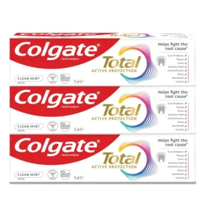Three tubes of Colgate Total Active Protection Clean Mint toothpaste provide 12-hour antibacterial protection and fight gum problems, plaque, tartar, and bad breath.