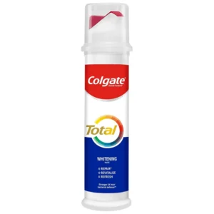 Colgate Total Whitening toothpaste in a pump bottle provides complete protection for a healthy mouth and helps remove stains for a brighter, whiter smile.