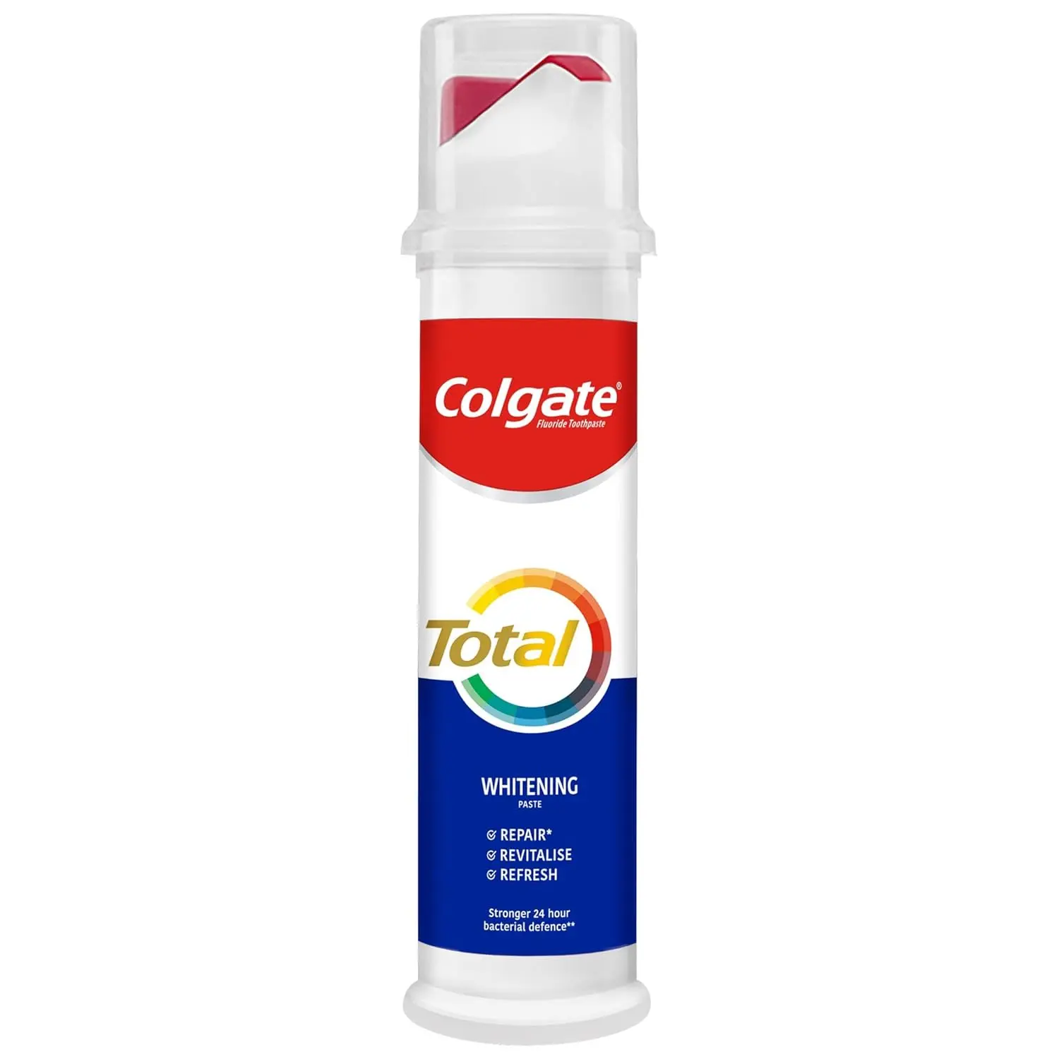 Colgate Total Whitening toothpaste in a pump bottle provides complete protection for a healthy mouth and helps remove stains for a brighter, whiter smile.