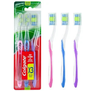 This image shows a three-pack of Colgate Twister medium toothbrushes, each with multi-height spiral bristles, a twister tongue cleaner, and a hygiene cap.