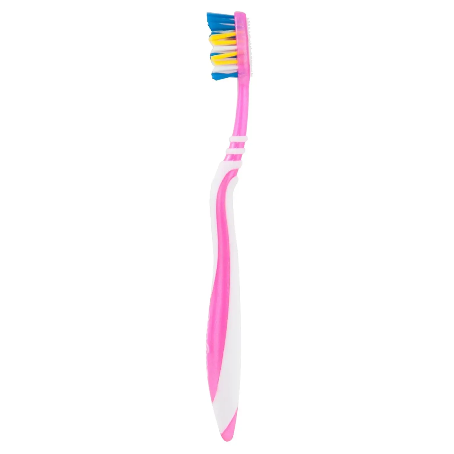 A three-pack of Colgate Zigzag medium toothbrushes featuring V-shaped bristles for cleaning between teeth and a raised tip for reaching back molars.