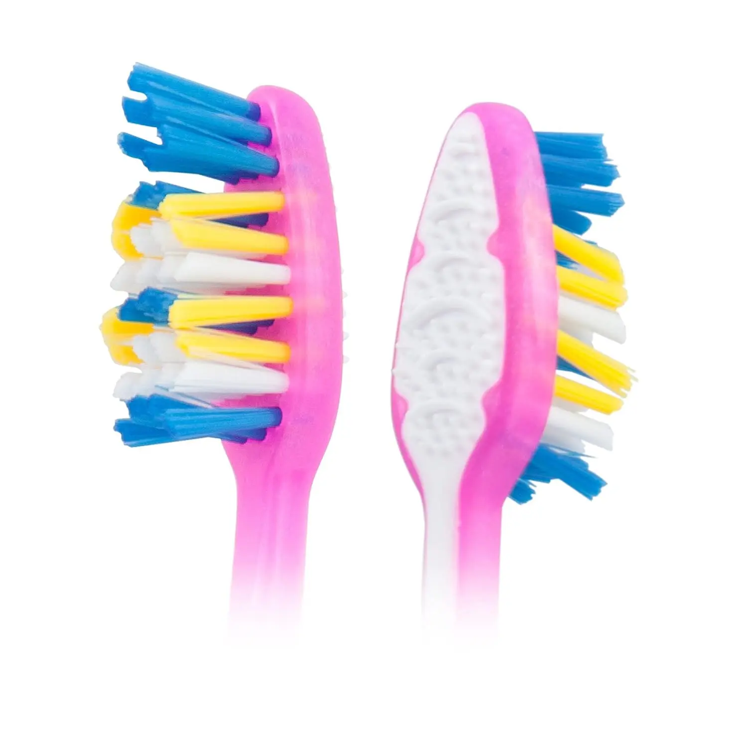 A three-pack of Colgate Zigzag medium toothbrushes featuring V-shaped bristles for cleaning between teeth and a raised tip for reaching back molars.