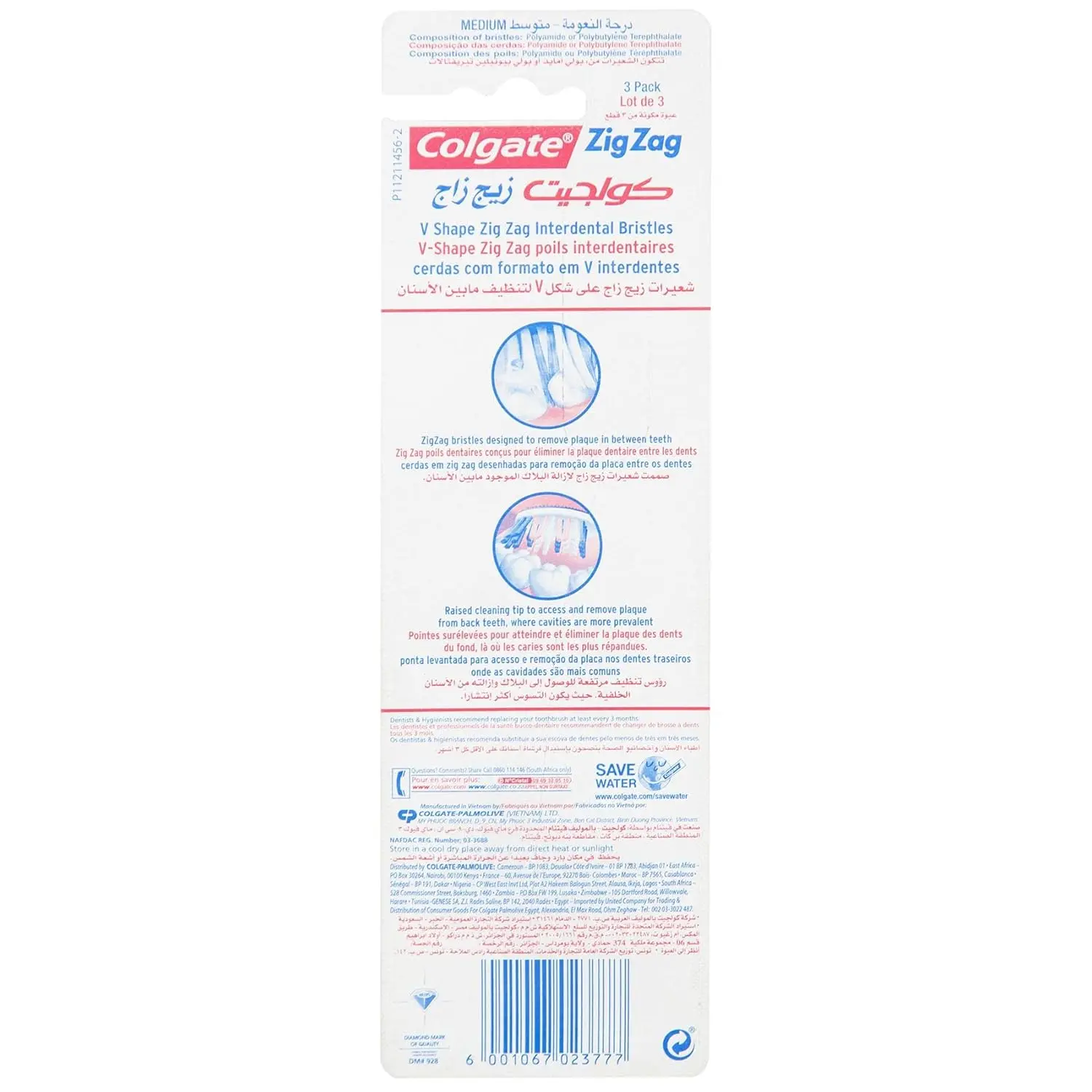 A three-pack of Colgate Zigzag medium toothbrushes featuring V-shaped bristles for cleaning between teeth and a raised tip for reaching back molars.