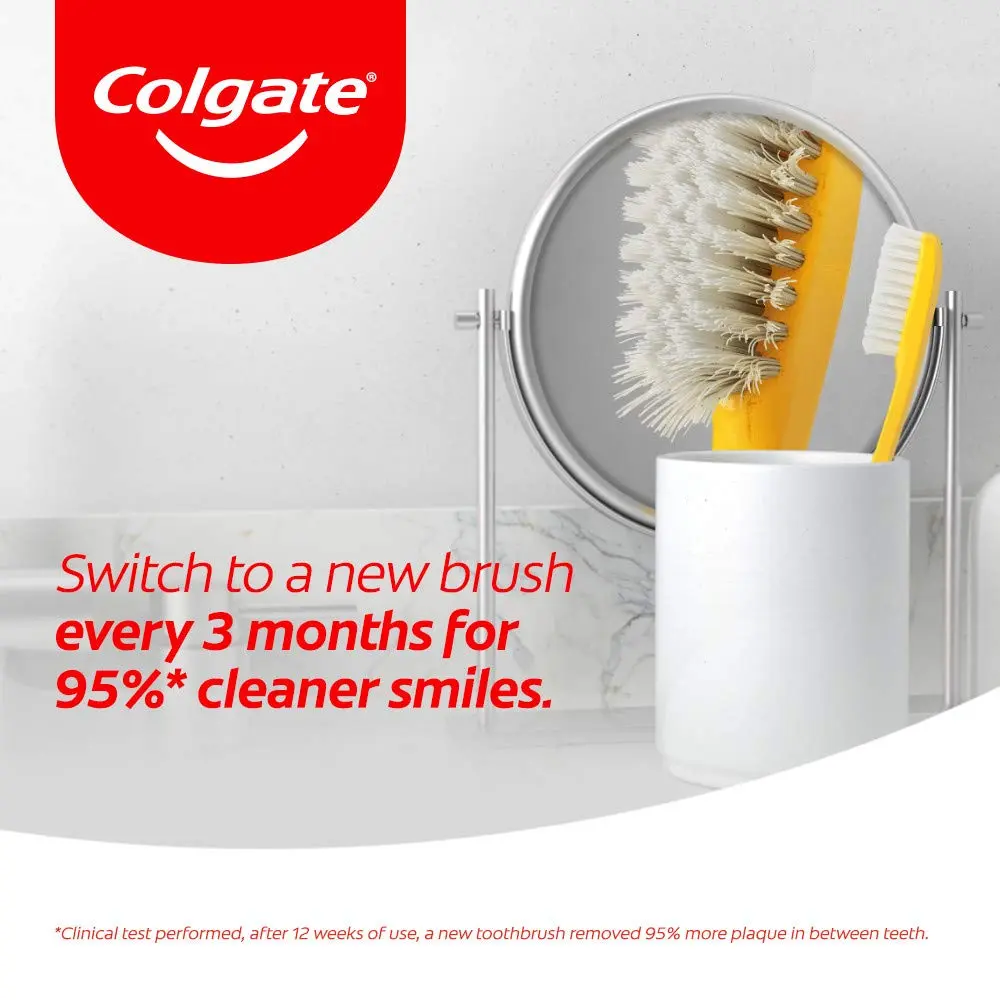 A three-pack of Colgate Zigzag medium toothbrushes featuring V-shaped bristles for cleaning between teeth and a raised tip for reaching back molars.