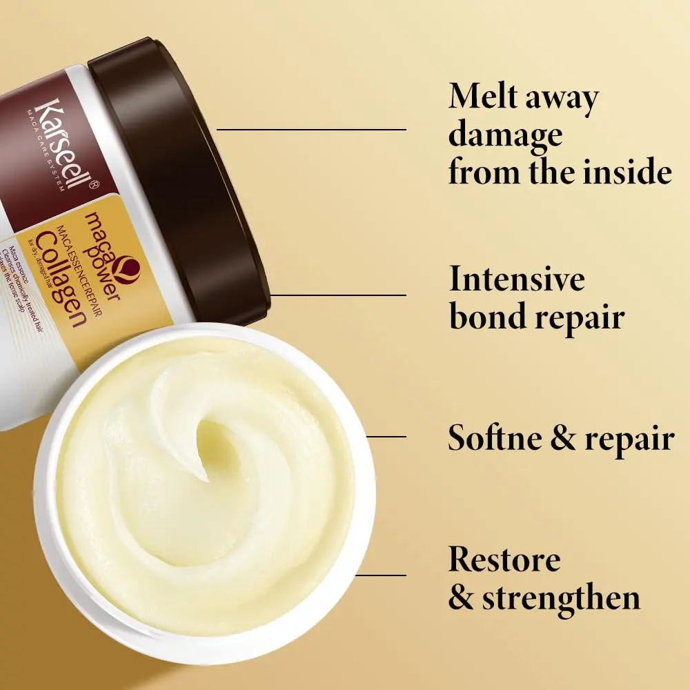 A nourishing collagen hair mask with argan oil deeply repairs and conditions dry, damaged hair, leaving it smooth, shiny, and healthy for all hair types.