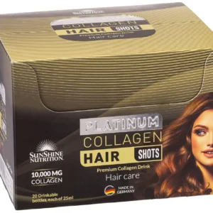 Sunshine Nutrition Platinum Collagen Hair Shots in black current flavor with 10000mg hydrolyzed bovine collagen, vitamins, and minerals to promote healthy hair growth, strength, and shine.