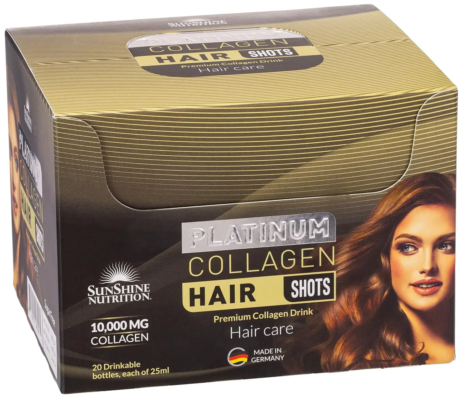 Sunshine Nutrition Platinum Collagen Hair Shots in black current flavor with 10000mg hydrolyzed bovine collagen, vitamins, and minerals to promote healthy hair growth, strength, and shine.