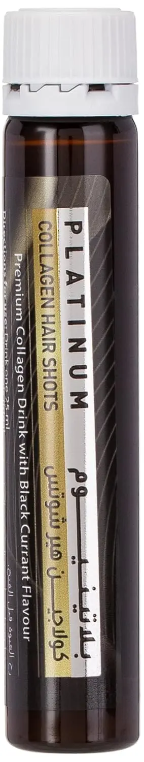 Sunshine Nutrition Platinum Collagen Hair Shots in black current flavor with 10000mg hydrolyzed bovine collagen, vitamins, and minerals to promote healthy hair growth, strength, and shine.