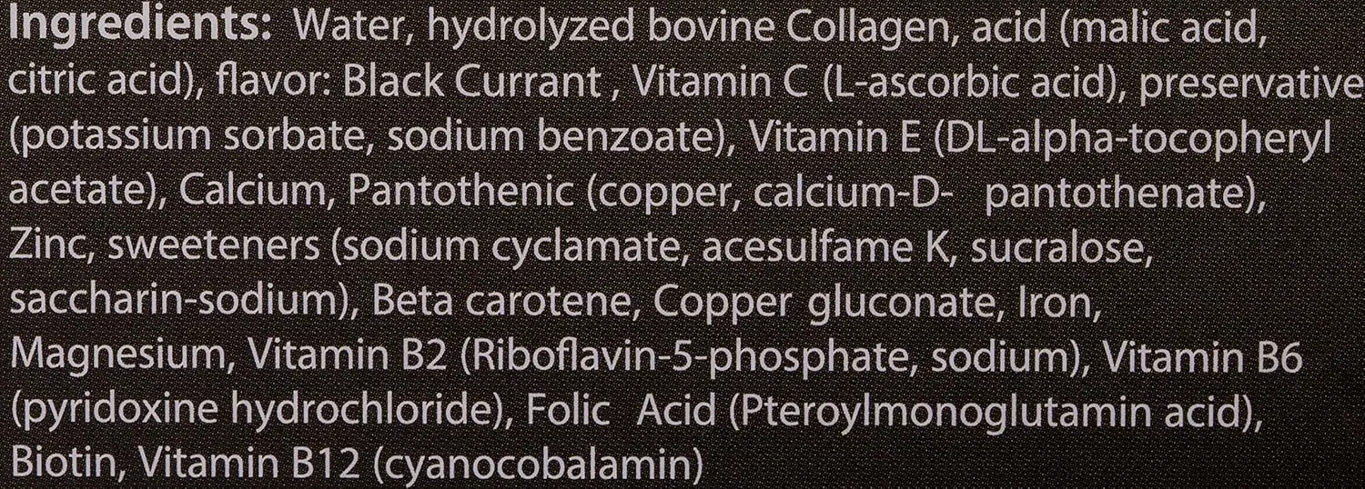Sunshine Nutrition Platinum Collagen Hair Shots in black current flavor with 10000mg hydrolyzed bovine collagen, vitamins, and minerals to promote healthy hair growth, strength, and shine.