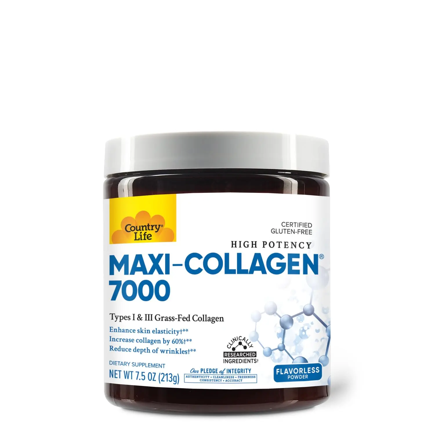 Country Life Maxi-Collagen powder boosts collagen by 60%, enhances skin elasticity with 7000mg of collagen, and is bioavailable for maximum absorption.