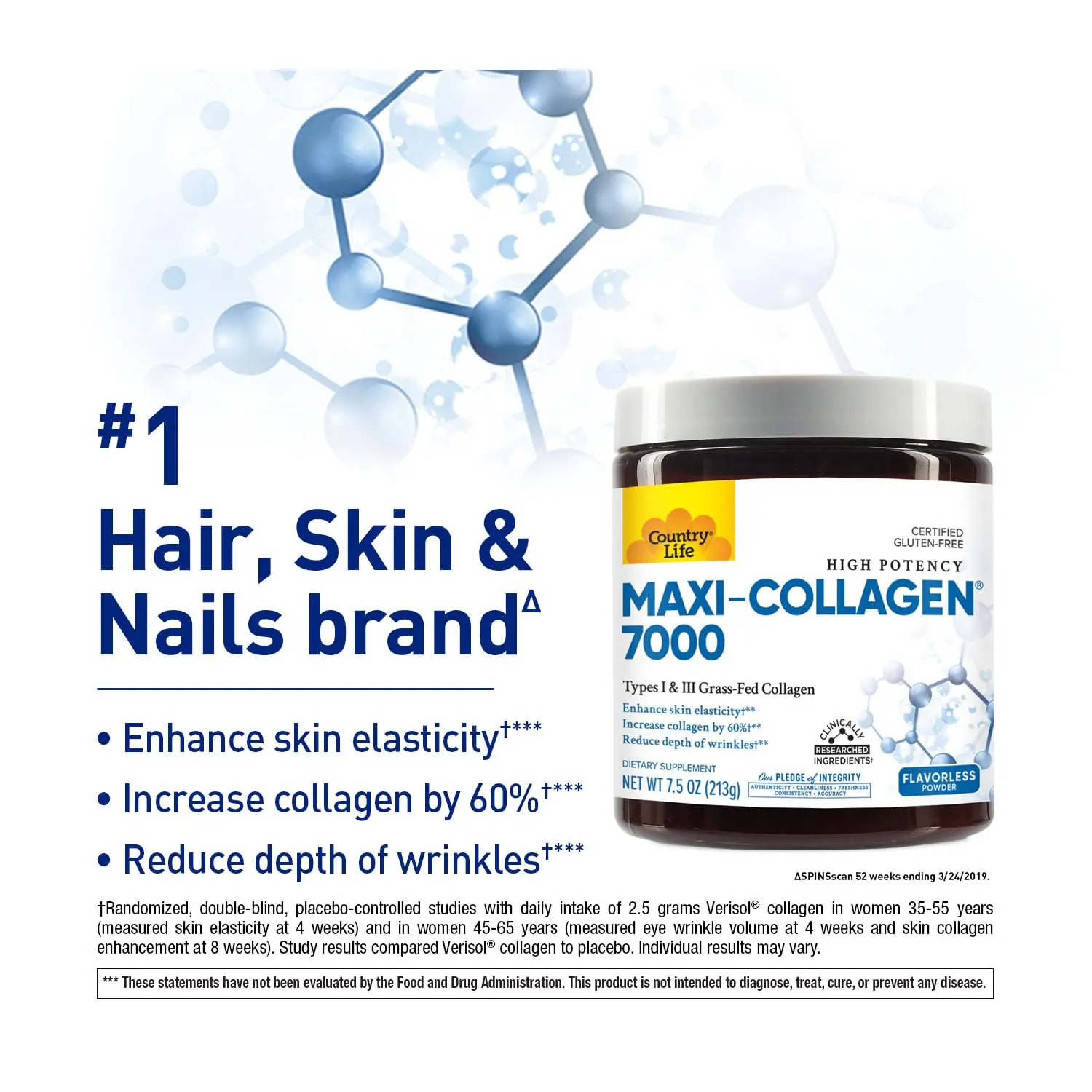 Country Life Maxi-Collagen powder boosts collagen by 60%, enhances skin elasticity with 7000mg of collagen, and is bioavailable for maximum absorption.
