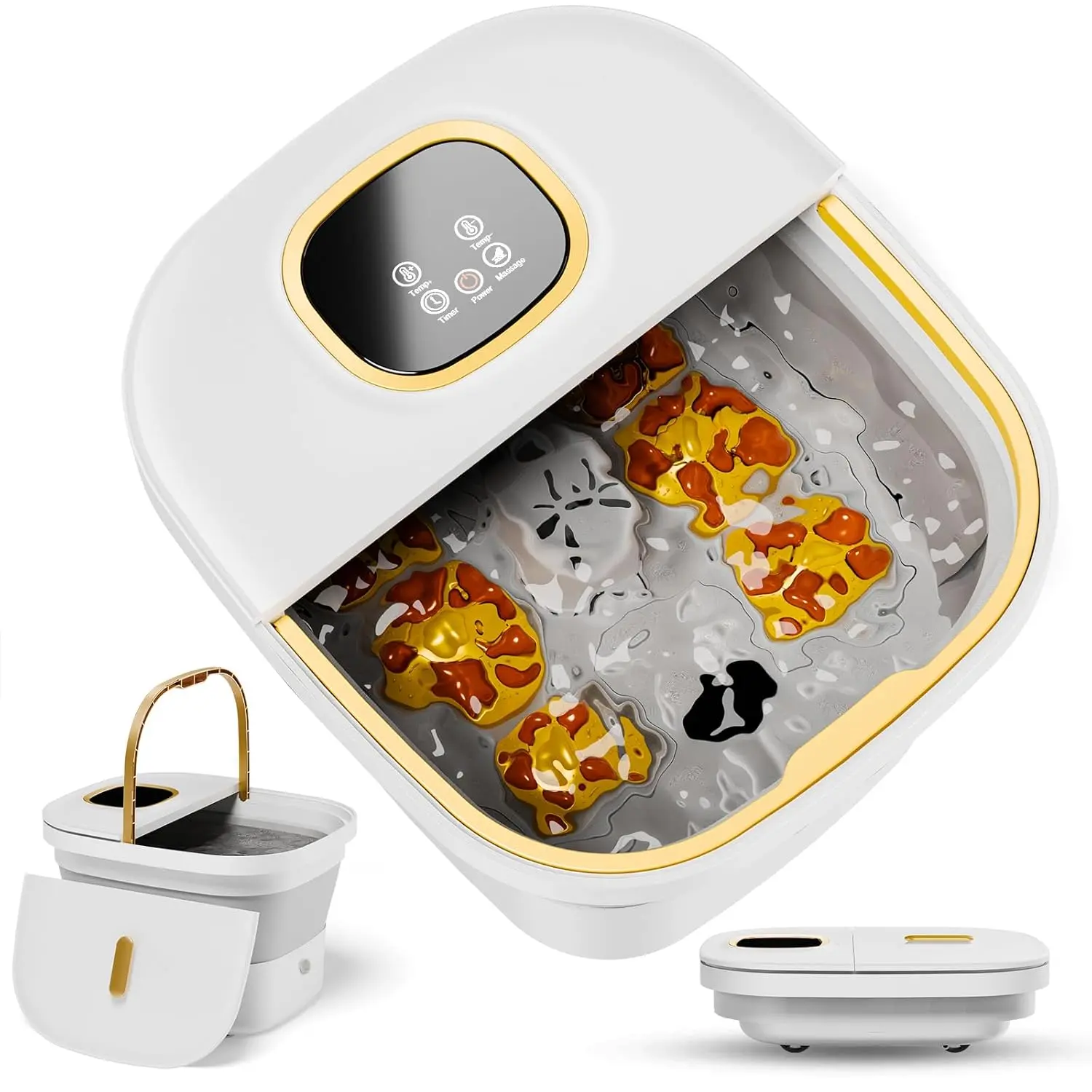 Collapsible foot spa with heat, massage rollers, and remote control for relaxing foot care at home.