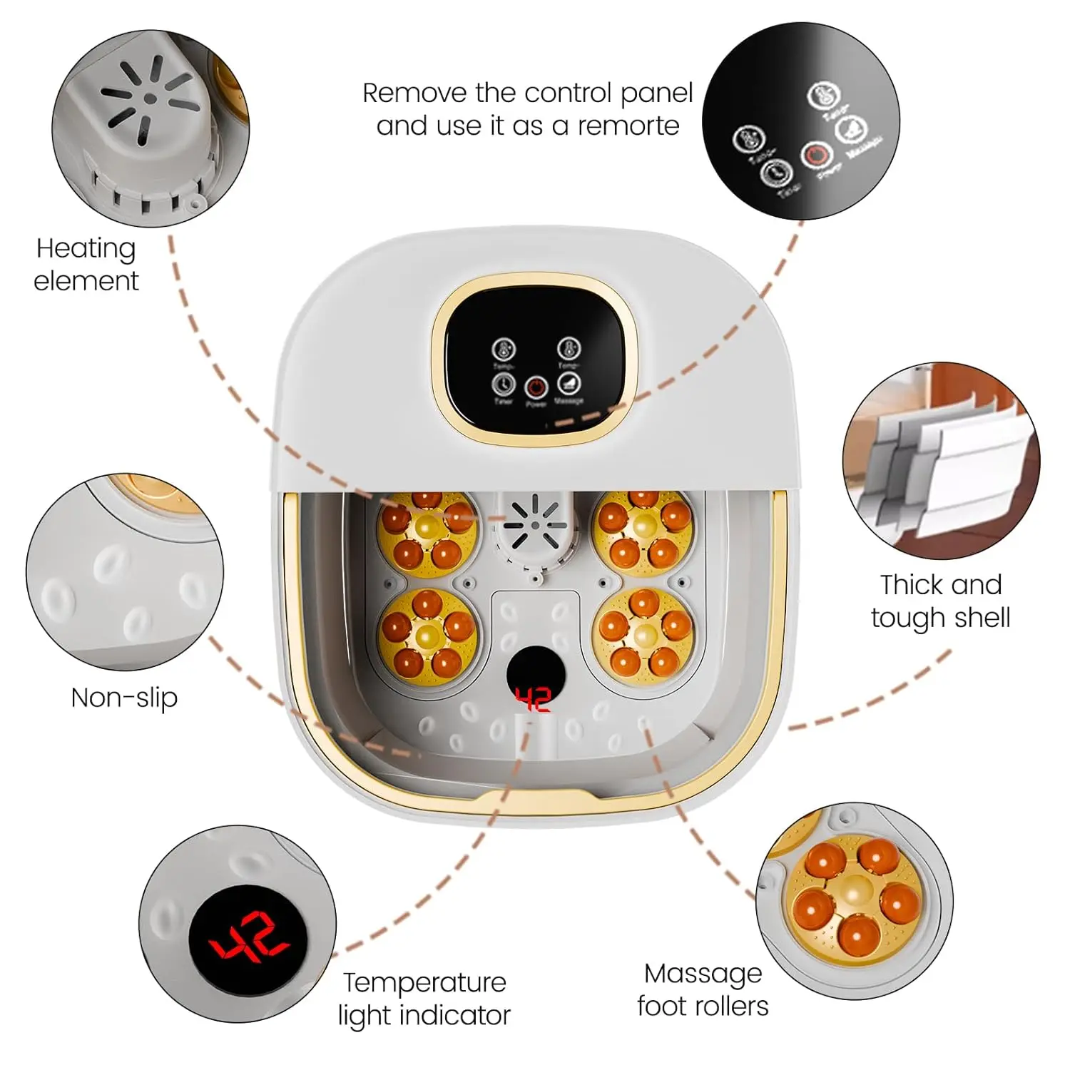 Collapsible foot spa with heat, massage rollers, and remote control for relaxing foot care at home.