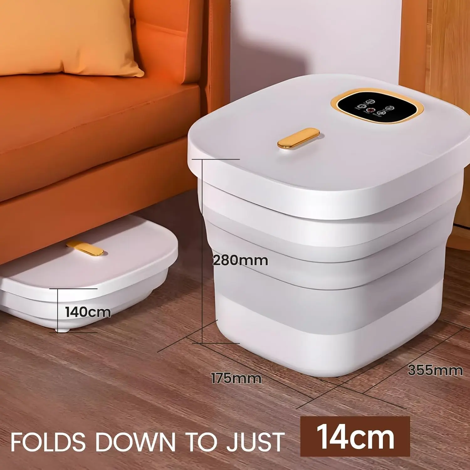 Collapsible foot spa with heat, massage rollers, and remote control for relaxing foot care at home.