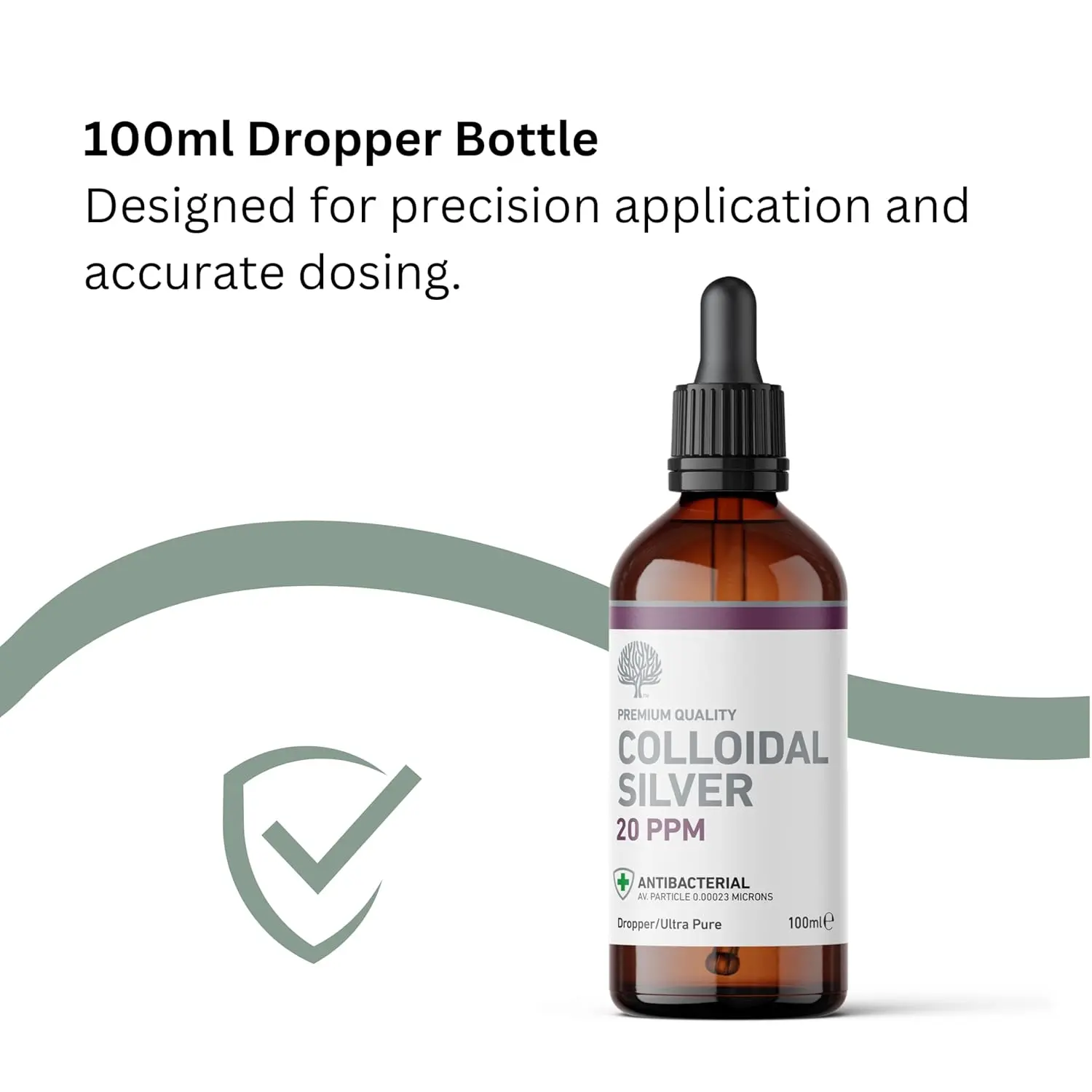 A 100ml amber glass dropper bottle of 20ppm Colloidal Silver, a natural antibacterial solution made with pure silver and reverse osmosis water, manufactured in the UK.