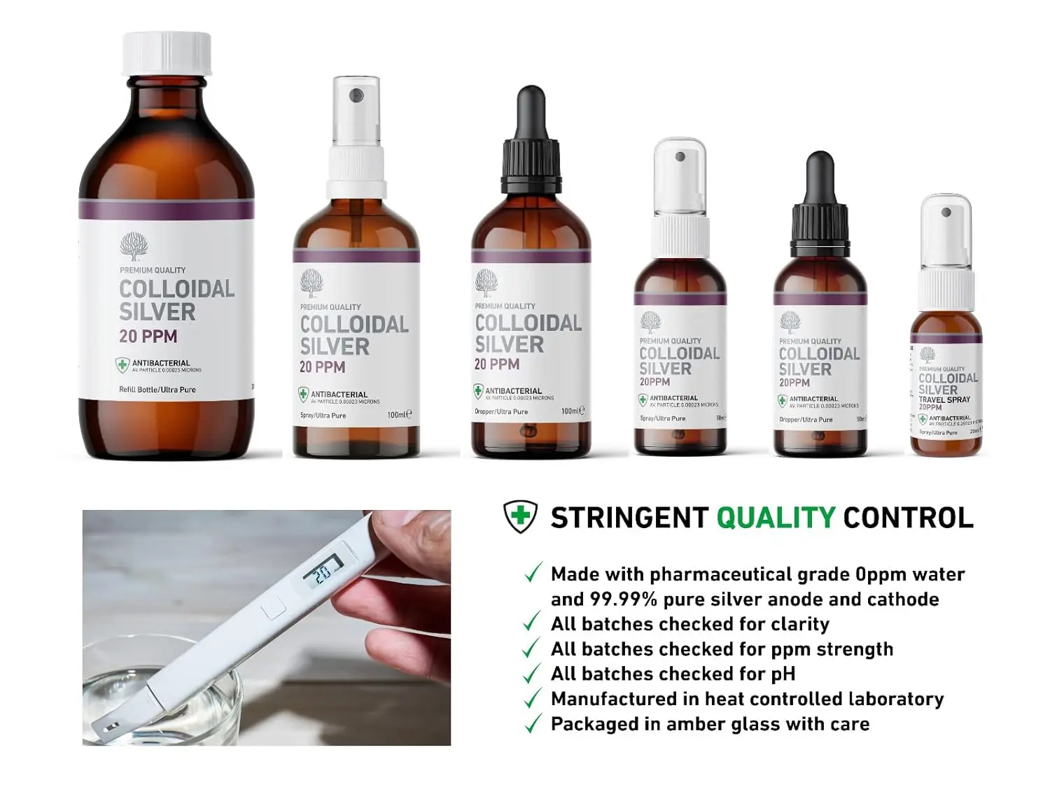 A 100ml amber glass dropper bottle of 20ppm Colloidal Silver, a natural antibacterial solution made with pure silver and reverse osmosis water, manufactured in the UK.