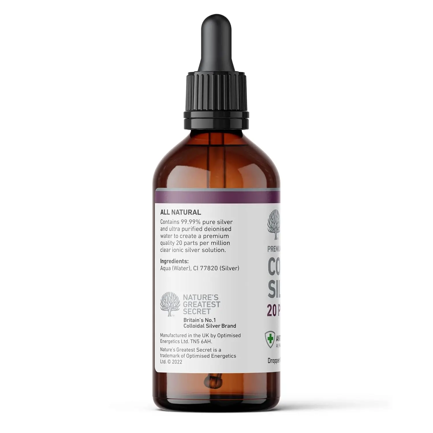 A 100ml amber glass dropper bottle of 20ppm Colloidal Silver, a natural antibacterial solution made with pure silver and reverse osmosis water, manufactured in the UK.