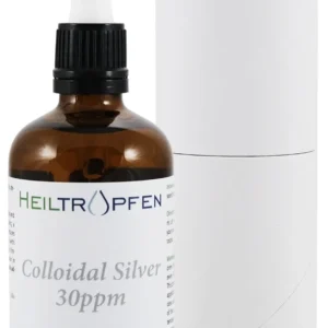 A glass bottle of Heiltropfen Colloidal Silver with 99.998 pure silver particles suspended in distilled water, offered at 30ppm concentration in a 100ml bottle with a pipette for easy dosage.