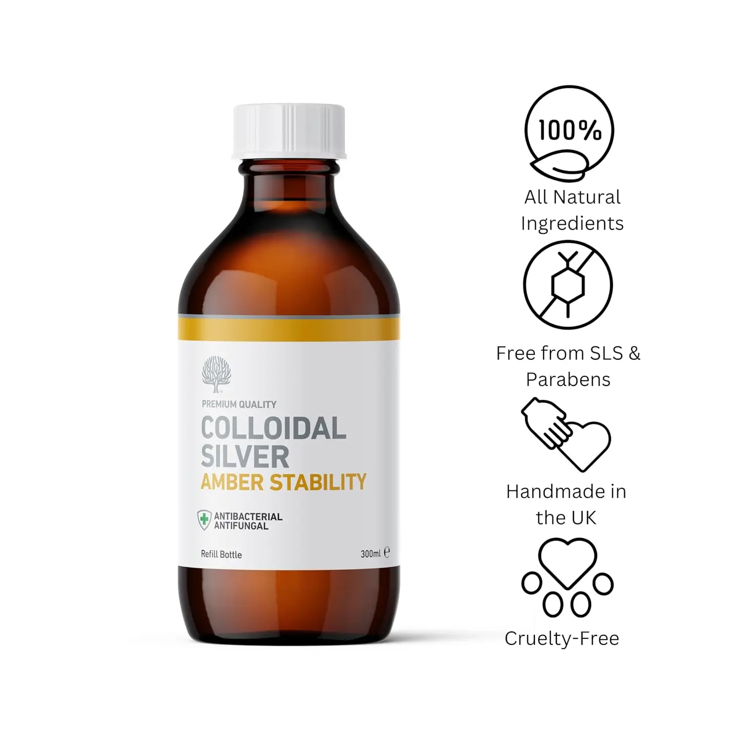 Amber bottle containing 80% colloidal silver solution for natural antiviral, antibacterial, antifungal properties, and skin conditions like eczema, rosacea, and psoriasis.