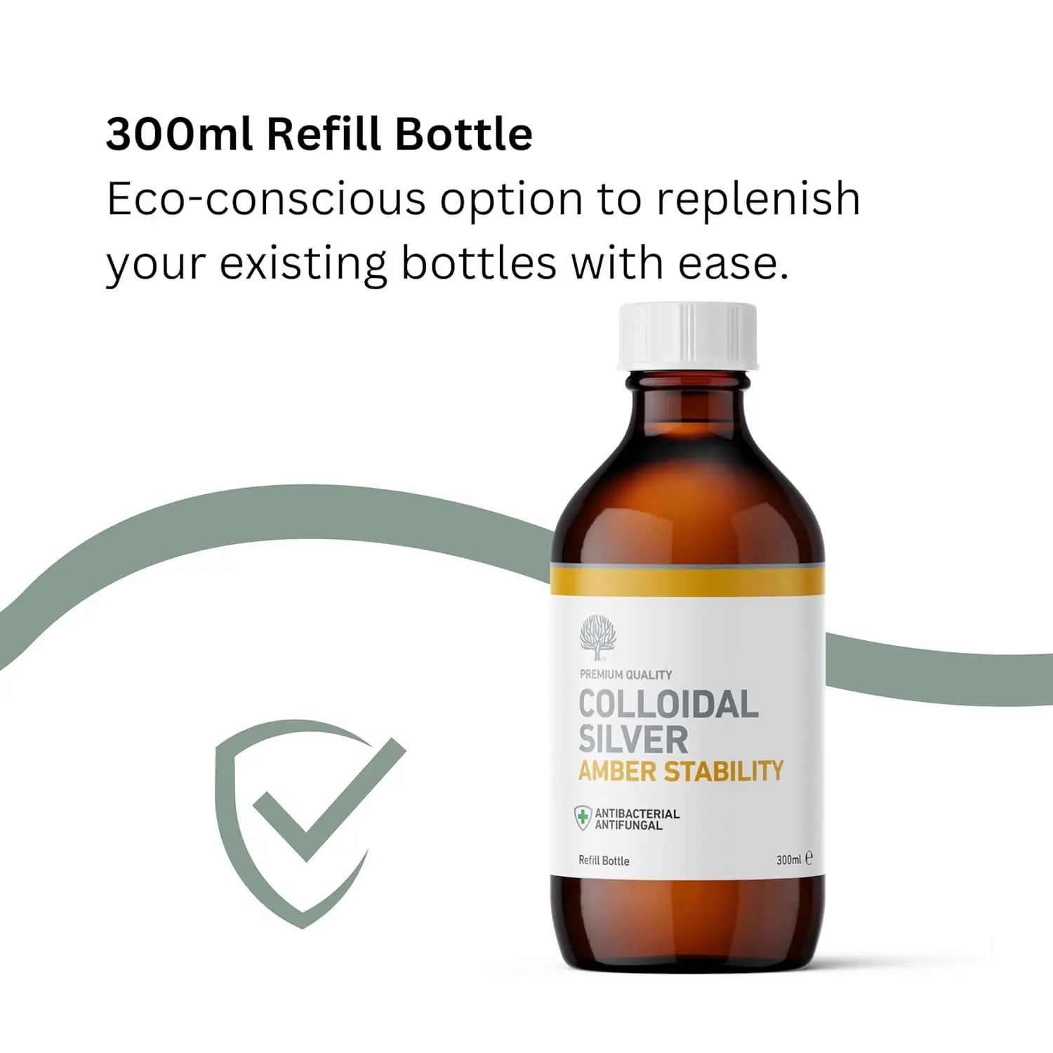 Amber bottle containing 80% colloidal silver solution for natural antiviral, antibacterial, antifungal properties, and skin conditions like eczema, rosacea, and psoriasis.