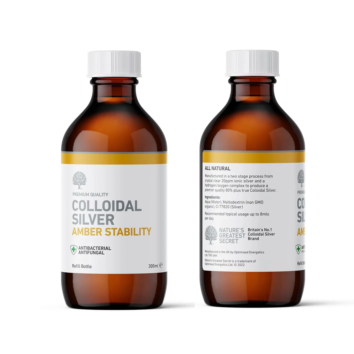 Amber bottle containing 80% colloidal silver solution for natural antiviral, antibacterial, antifungal properties, and skin conditions like eczema, rosacea, and psoriasis.