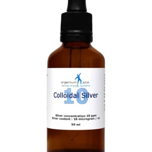 Amber glass bottle of 10 ppm colloidal silver with a glass dropper pipette for easy dispensing.