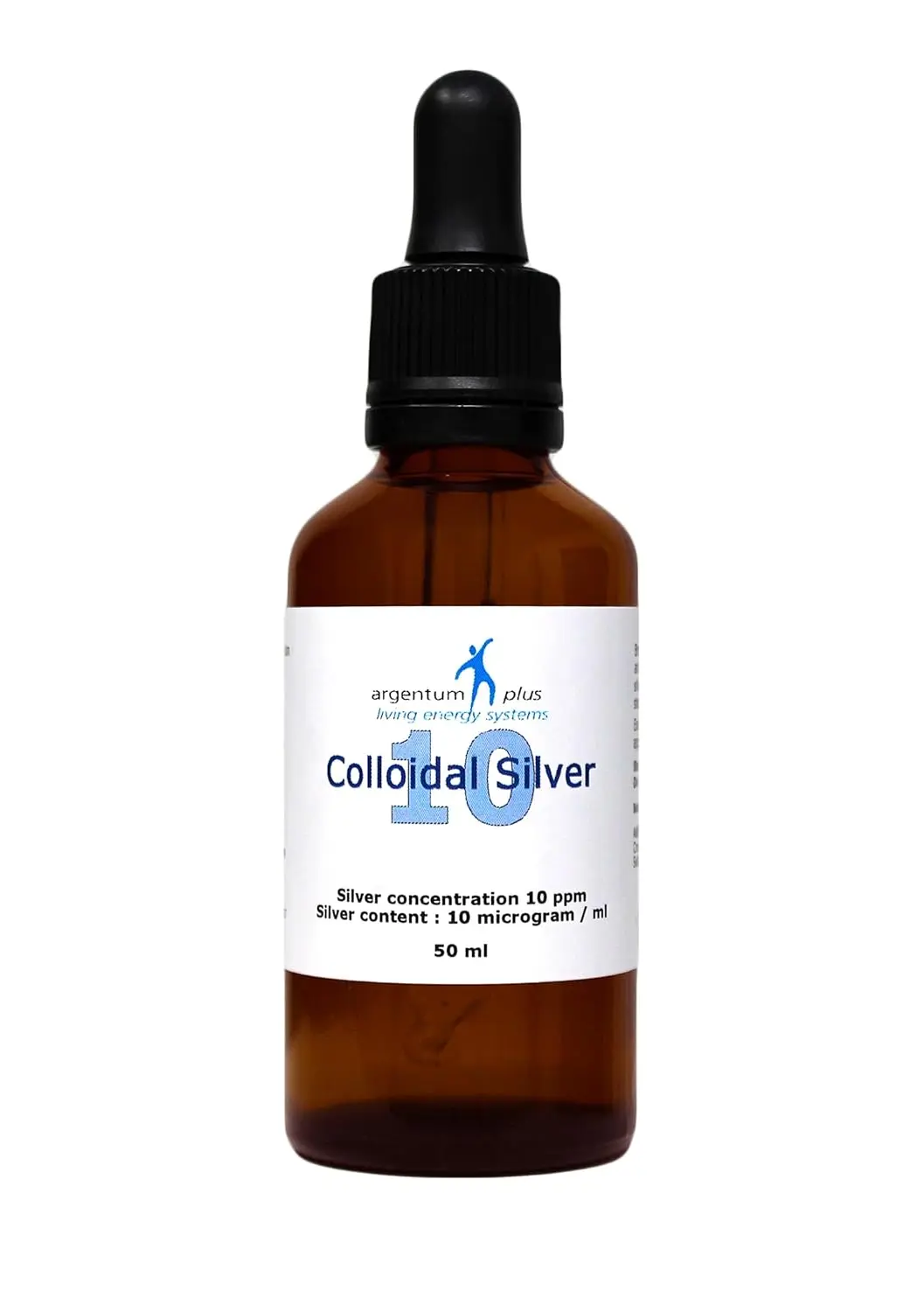 Amber glass bottle of 10 ppm colloidal silver with a glass dropper pipette for easy dispensing.