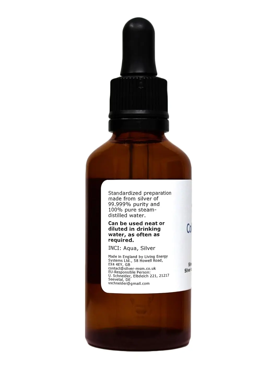 Amber glass bottle of 10 ppm colloidal silver with a glass dropper pipette for easy dispensing.