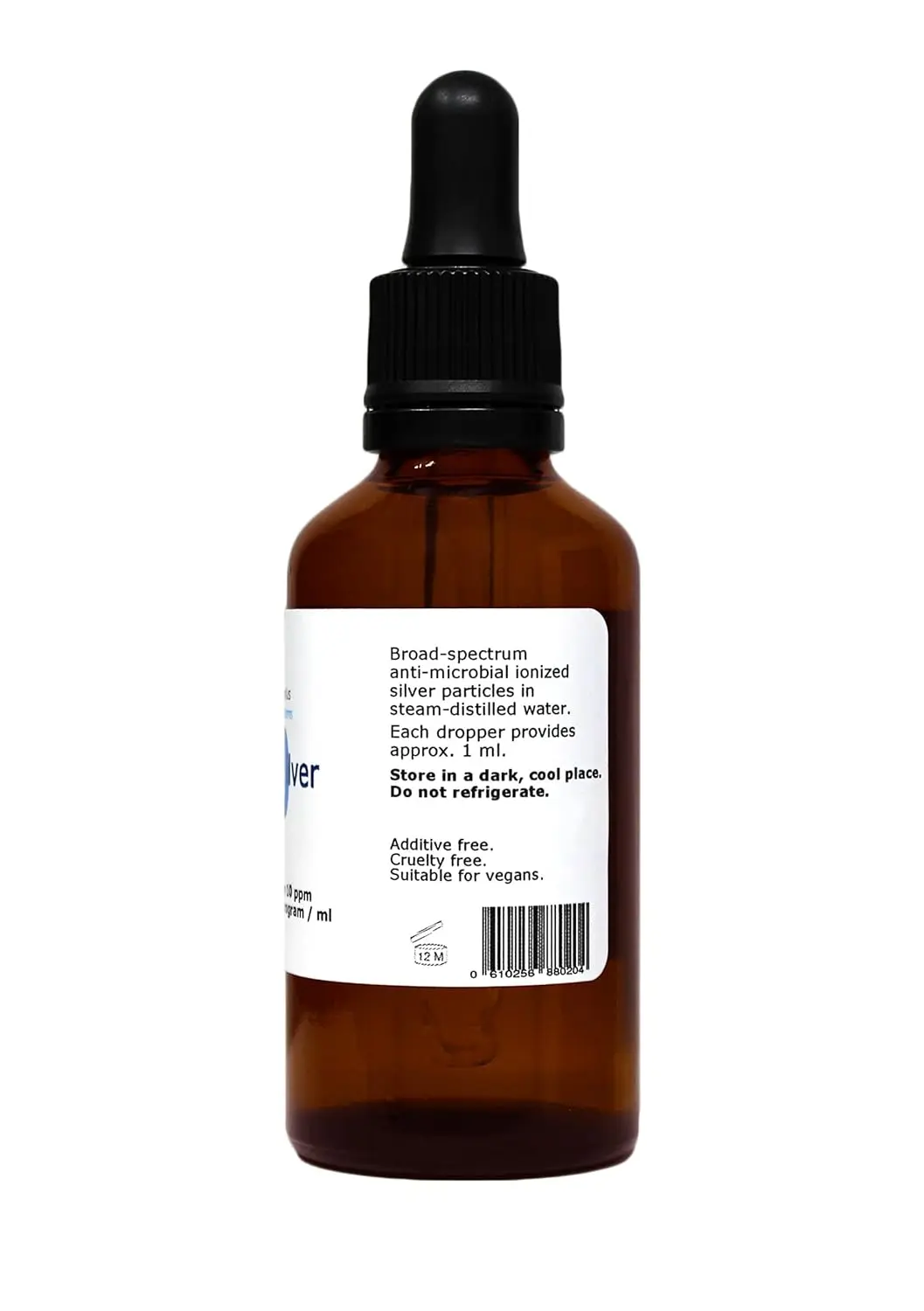 Amber glass bottle of 10 ppm colloidal silver with a glass dropper pipette for easy dispensing.