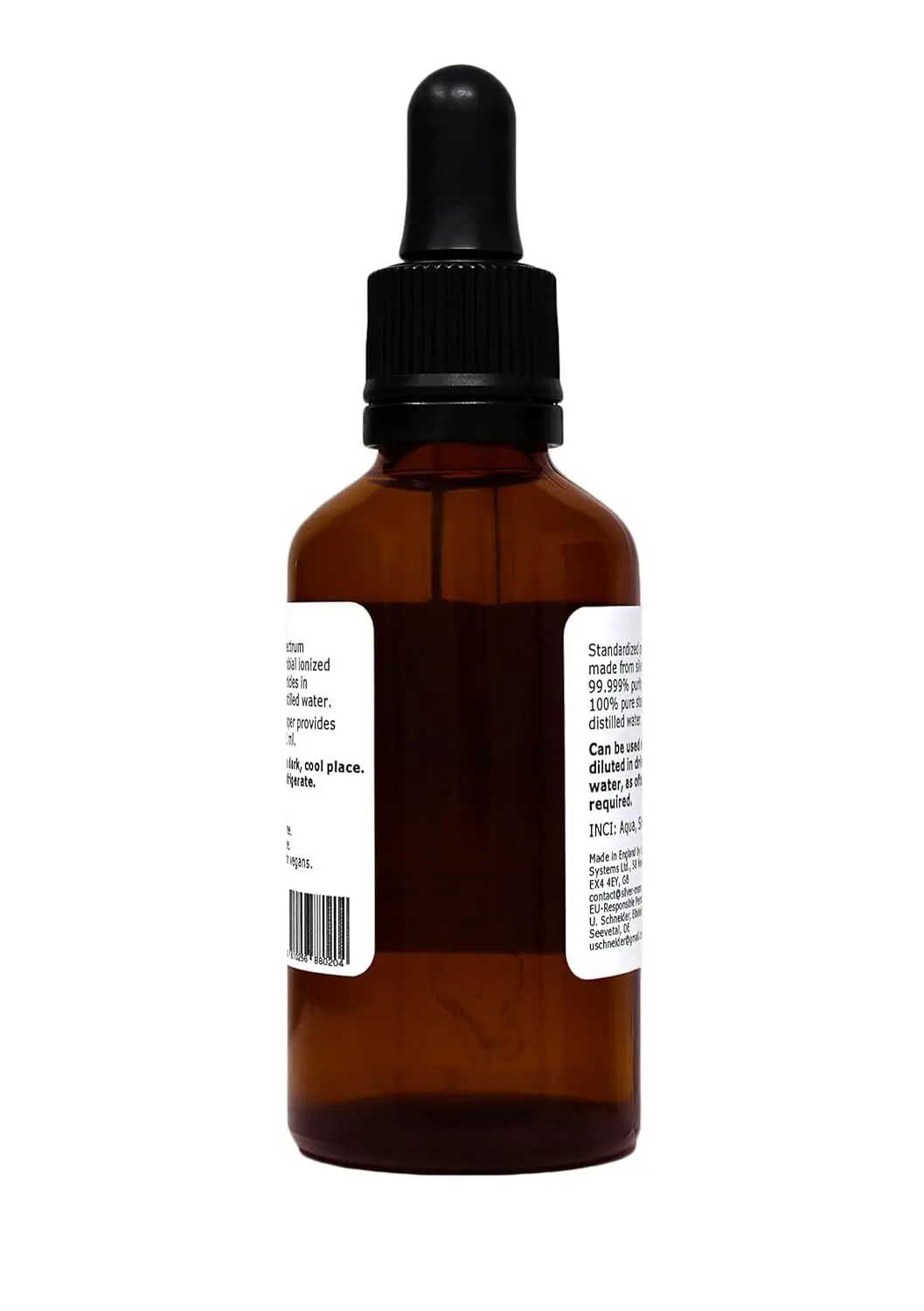Amber glass bottle of 10 ppm colloidal silver with a glass dropper pipette for easy dispensing.