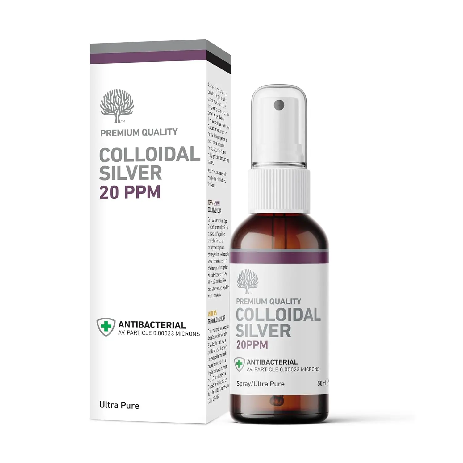 Amber glass bottle of Nature's Greatest Secret colloidal silver spray, 20 ppm, pH 9, made in the UK with pure silver and reverse osmosis water.