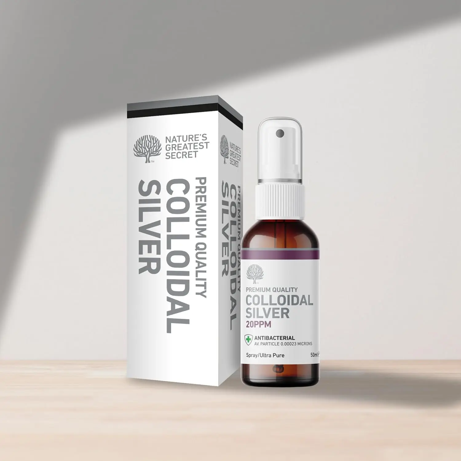 Amber glass bottle of Nature's Greatest Secret colloidal silver spray, 20 ppm, pH 9, made in the UK with pure silver and reverse osmosis water.