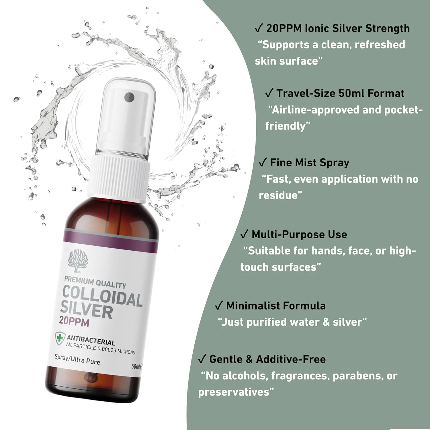 Amber glass bottle of Nature's Greatest Secret colloidal silver spray, 20 ppm, pH 9, made in the UK with pure silver and reverse osmosis water.